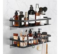 Withosent Lot de 2 étagères de douche autocollantes en aluminium - Sans perçage - Avec 4 crochets - Noir - Pour salle de bain ou cuisine - 31,5 cm