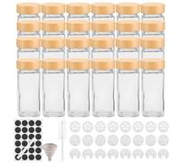 Withosent Lot de 24 pots à épices carrés avec capuchon à visser - 120 ml - Avec couvercle en bois - Récipient à épices en verre - Avec saupoudreur - Étiquettes, entonnoir, brosse