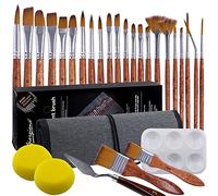 Withosent Lot de 29 pinceaux de Peinture Acrylique avec 24 pinceaux, Palette de mélange, 2 éponges, spatule, pinceaux de détail, pour Peinture corporelle, Acrylique, Aquarelle