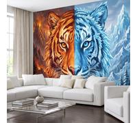 WIVCOMD Animaux Fantastiques Papier Peint Panoramique, Montagne Enneigée Du Tigre Papier Peint Panoramique Soie Bleu Marine Pour Chambre Salon Salle Des Enfants Décoration Murale - 350 X 256 Cm