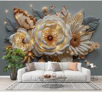 WIVCOMD Fleurs Luxe 3D Papier Peint Panoramique Soie, Branches Et Feuilles Rose Papillon Mural pour Salon Chambre d'enfant, Chambre Salle de jeux Décoration Poster Papier Peint - 250 x 175 cm