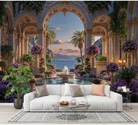 WIVCOMD Palais Européen Papier Peint Panoramique, Fleurs Paysage Marin En 3D Poster Mural, Violet Photo Peinture Murale pour Salle des enfants Salon Chambre Toile Fond TV - 450 x 315 cm