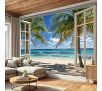 WIVCOMD Plage Tropicale 3D Papier Peint Panoramiqu Salle Des Enfants,Fenêtres En Bois Et Cocotiers Mur - 450 X 315 Cm Pour Chambre Salon Bureau Personnalisé Décoration Murale - Bleu
