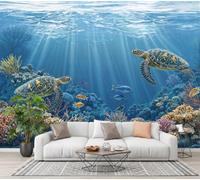 WIVCOMD Réalisme Sous-Marin Papier Peint Mural Salon, Récif Corallien Des Tortues Marines Papier Peint Panoramique Soie Moderne, Décoration Murale Poster Tableaux Muraux Bleu Mer - 250 X 175 Cm