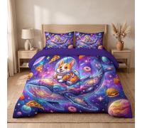 WIVCOMD Violet Couette 220X240 Cm, Couette sans Housse Couverture Respirante Et Douce pour 4 Saisons avec 2 Taies d'oreiller pour Lit 2 Personnes, Planet Dog Dolphin