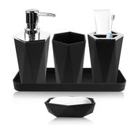 WIYETY Lot de 5 accessoires de salle de bain en plastique avec gobelet, porte-brosse à dents, plateau de maquillage, distributeur de savon, porte-savon (noir)