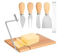 wkao Lot de 4 couteaux à fromage, tranche-fromage en bois d’acacia avec tension réglable, 3 fils de rechange à changement rapide, pour mozzarella, fromage suisse et parmesan