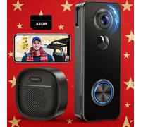 WLAN Carillon vidéo avec caméra 2K HD Doorbell vidéo sans fil avec carillon PIR détection de personnes, vision de nuit 32GB