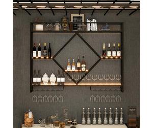 WLCNYL Casier à vin Mural avec lumières LED, Support de Verre à vin Suspendu en métal Moderne, étagère d'affichage de Bouteilles d'alcool, étagères murales en Fer avec Supports de Rangement de vin