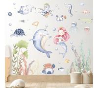Wlicon Stickers Muraux Sirène Stickers Muraux Sirène Sous la Mer Autocollant Mural Sirènes avec Poisson Baleine Algue pour Chambre Salle de Bains Fête à Thème Océanique Décorations