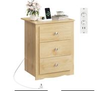 WLIVE Table de Chevet Bois avec Prise, Table de Nuit avec 3 Tiroirs, Chêne | Bout de Canapé avec Station de Charge, Ports USB, Cadre en Métal, Petite Commode pour Chambre, Salon, Bureau