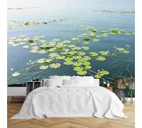 WLLDDDIU Feuilles de Lotus Du Lac Serein Mural Mural Papier Peint Mural, Paysage Naturel Vert Papier Peint Autocollant Autocollant Panneau Vinyle Amovible Imperméable pour Salle de Bain, Salon Cham
