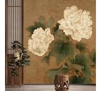 WLLDDDIU Papier Peint Fleural Vintage Vintage À Pivoines Blanches Autocollantes, Grand Papier Peint Autocollant Amovible en Forme de Fleur Botanique, Décoration Murale Traditionnelle Chinoise pour