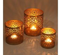WLS505 Lot de 3 photophores marocains en métal aspect doré vieilli, 3 bougeoirs ronds, bougeoirs orientaux comme décoration de table du Ramadan 1001 nuit
