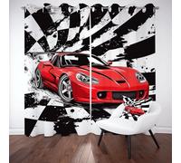 Wlujhia Rideau Occultant Thermiques Voiture De Sport De Course Draperies Opaque Doux Lot de 2 Pièces 140x245 cm Grille Noir Et Blanc Rideaux d'enfant Phonique à Oeillets pour Chambre à Coucher