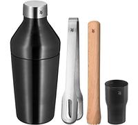 WMF Baric Lot de 4 verres à cocktail avec shaker à cocktail en acier inoxydable, verre doseur, pince à glace, pilon en bois, boîte cadeau