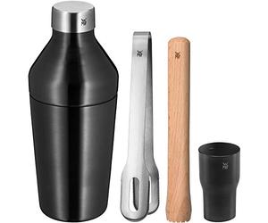 WMF Baric Lot de 4 verres à cocktail avec shaker à cocktail en acier inoxydable, verre doseur, pince à glace, pilon en bois, boîte cadeau