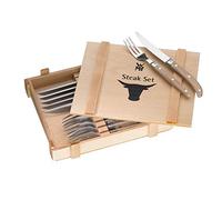 WMF Couverts à steak Ranch 12 pièces, set de couverts pour 6 personnes, set de couteaux à steak avec fourchette, lame en acier forgé spécial, acier inoxydable Cromargan mat, bois de chêne huilé