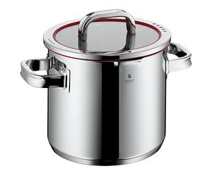 WMF Fonction 4 marmite à légumes induction 20 cm, couvercle en verre, grande marmite 5,3 l, acier inoxydable poli Cromargan, 4 fonctions de versement, grande marmite avec graduation interne, rouge
