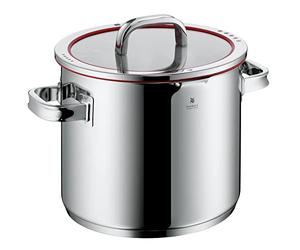 WMF Fonction 4 marmite à légumes induction 24 cm, couvercle en verre, grande marmite 8,8 l, acier inoxydable poli Cromargan, 4 fonctions de versement, graduation interne, marmite à pâtes rouge