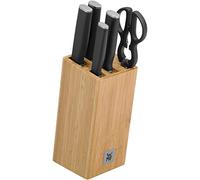 WMF Kineo Lot de 6 couteaux avec lame en acier trempé spécial et ciseaux multifonctions avec support FlexTec en bambou