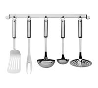 WMF Profi Plus set d'ustensiles de cuisine 6 pièces, support suspendu avec 5 ustensiles, louche, écumoire, cuillère à sauce, spatule, fourchette à viande, louche, acier inoxydable Cromargan partielle