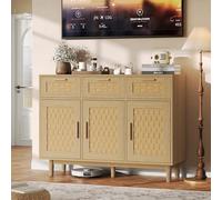 WOBOPCG Commode 3 Tiroirs,Armoire à Tiroirs en Bois Meuble à Tiroirs Rangement Buffet Bas Meuble à Tiroirs Rotin Commode Chambre Table de Chevet Buffe (Couleur chêne, 3 tiroirs + 3 Portes)