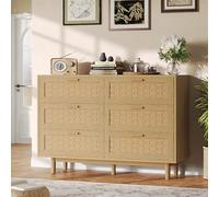 WOBOPCG Commode 6 Tiroirs,Armoire à Tiroirs en Bois Meuble à Tiroirs Rangement Buffet Bas Meuble à Tiroirs Rotin Commode Chambre Table de Chevet Buffe (Couleur chêne, 6 tiroirs)