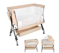 WODFARR Lit Cododo, Berceau, Berceau à Inclinaison réglable, Kids, Berceau 2 en 1, Hauteur réglable sur 4 Niveaux, Roues 360º, Moustiquaire, Panier de Rangement (104 * 52 * 103-115cm,Beige)