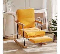 WohlKunst Fauteuil à bascule en lin jaune rembourré à carreaux, accoudoirs, structure en métal, bascule en bois, fauteuil relaxant, coin lecture, salon, stable, confortable
