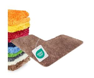 WohnDirect Tapis de Bain d’Angle Forme L, 50 x 100 x 100 cm, Microfibre à Poils Longs 4 cm, antidérapant, très Absorbant, Lavable 30 °C, Compatible Chauffage au Sol, Marron