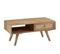 WOHNLING Table Basse 90x45x40 cm Bois Massif Manguier Rotin, Tiroir | table de salon rectangulaire avec rangement, table en bois intemporel, pièce unique faite main, bout de canapé avec cannage