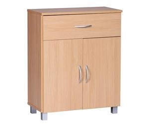 WOHNLING Buffet 60x30x75 cm Hêtre Marron avec Tiroir et Portes | commode petite en bois, enfilade intemporel surface de rangement pour cadres photo et déco