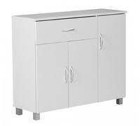 WOHNLING Buffet SETE 90x30x75 cm Blanc avec Tiroir et 3 Portes | commode en bois pour chambre et salle à manger, enfilade intemporel, petit meuble avec extensible tiroir et rangement