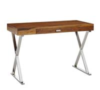WOHNLING Bureau 120x55x78 cm Bois Massif Sheesham Chromé, Tiroir | table de bureau en forme de X pied de table, table pour ordinateur portable massive petite, pièce unique