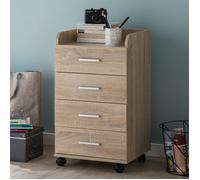 WOHNLING Caisson à roulettes 40x33x70,5 cm Sonoma avec 4 Tiroirs | caisson de bureau à roulettes, armoire à roulettes intemporel, caisson à tiroirs pour bureau et télétravail