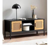 WOHNLING Meuble TV 110 cm Noir Aspect Chêne Lowboard Rotin Panneau de Télévision