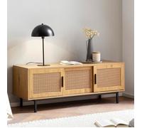 WOHNLING Meuble TV 120x40x45,5 cm Décor Chêne Cannage, Portes Coulissantes