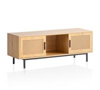 WOHNLING Meuble TV 120x40x45,5 cm Décor Chêne Cannage, Portes Coulissantes | meuble télé haut pour TV jusqu'à 55 pouces, table TV avec façades en rotin, meuble TV intemporel avec rangement