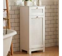 WOHNLING Panier à linge en bois blanc 38x90x40 cm avec porte battante et tiroir Armoire à linge Panier à linge Armoire de salle de bain avec cannage viennois et sac à linge