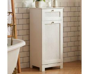 WOHNLING Panier à linge en bois blanc 38x90x40 cm avec porte battante et tiroir Armoire à linge Panier à linge Armoire de salle de bain avec cannage viennois et sac à linge