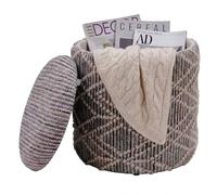 WOHNLING Pouf de Rangement en Tissu 40cm Gris Rond - Design Pouf Tissu Boho avec Couvercle Amovible - Pouf rembourré Coiffeuse - Pouf d'appoint pour Salon Fait Main
