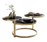 WOHNLING Table Basse 58x43x58 cm Verre Métal Noire Dorée, 3 Plateaux | table d'appoint ronde 3 orientables niveaux, table de salon original, bout de canapé plateaux en verre, table design