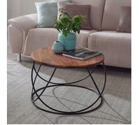 WOHNLING Table Basse Ronde 60x60x40 cm Bois Massif Sheesham Métal Marron | table de salon industriel massive, bout de canapé avec veinure, pièce unique faite main, table en bois pour salon