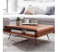 WOHNLING Table Basse 90x55x30 cm Bois Massif Sheesham Métal avec Rangement | table de salon avec compartiment et étagère, bout de canapé marron foncé, table à café massive, pièce unique faite main
