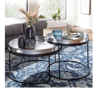 Lot de 2 tables basses 56 et 46 cm en aluminium argenté et métal noir