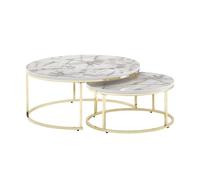 Lot de 2 tables basses 80 et 60 cm aspect marbre blanc et acier doré