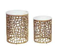 WOHNLING Table Basse Lot de 2 Ronde Aluminium Dorée Marbre Blanche