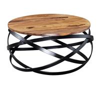 WOHNLING Table Basse MANUR Ronde 60x60x30 cm Bois Massif Sheesham Métal | table de salon industriel jusqu'à 50 kg, bout de canapé massif plat, pièce unique faite main, table de séjour marron