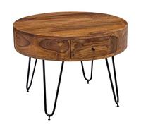WOHNLING Table Basse Ronde 60x60x44,5 cm Bois Massif Sheesham, Tiroirs | table de salon avec rangement, table d'appoint massive marron, pièce unique faite main, table avec structure en métal